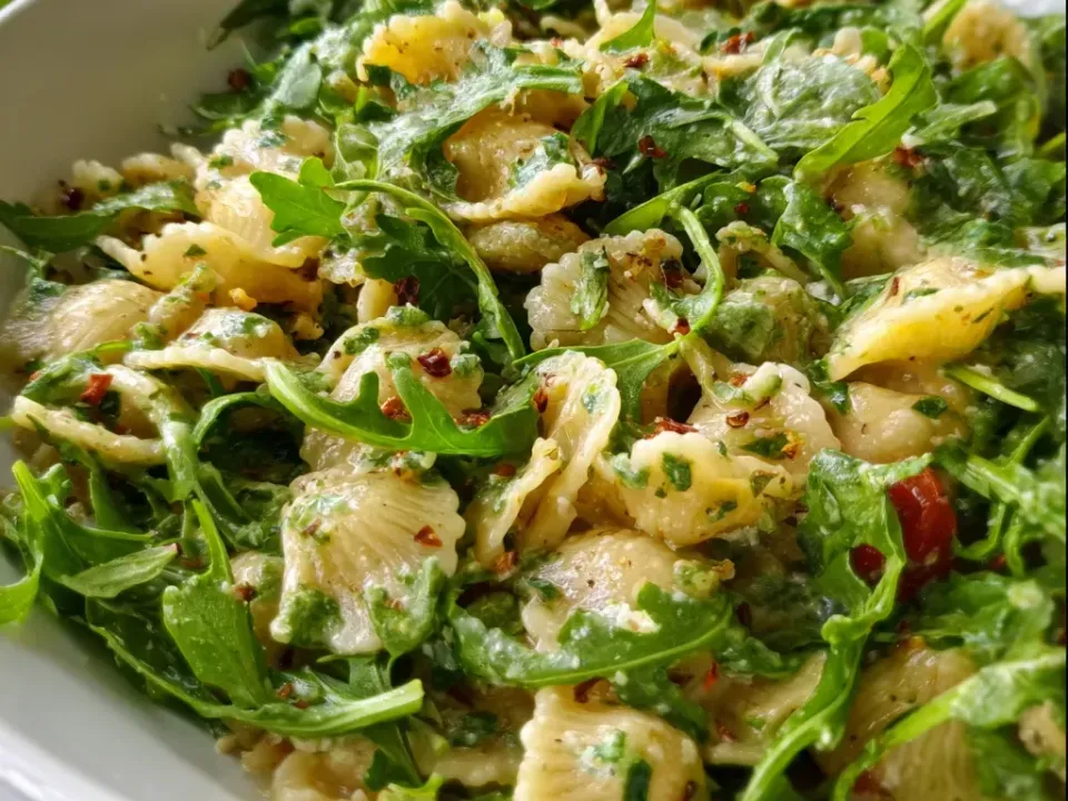 A white bowl of small shell pasta tossed with lots of fresh arugula, green herb flecks, red pepper flakes and a few small red pieces, a lemon half at the edge