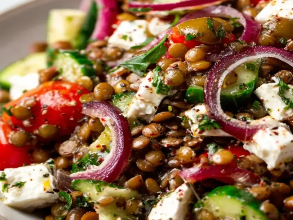 A cold salad of small brown-green lentils with cubed cucumber, red tomato wedges, sliced red onion rings, cubed white feta and whole green olives, scattered with chopped parsley and red chilli flakes