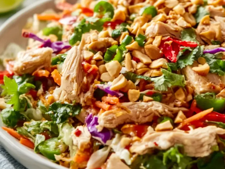A chopped salad of shredded green and purple cabbage, carrot, red pepper and green chilli with pulled chicken, scattered with chopped peanuts and coriander in a thin amber dressing