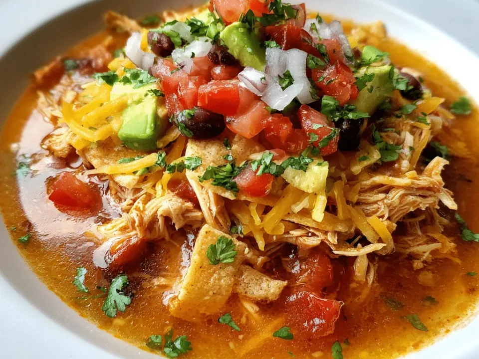 A bowl of chicken tortilla soup with shredded chicken, black beans, cheese, diced avocado and tomato, topped with crisp tortilla strips