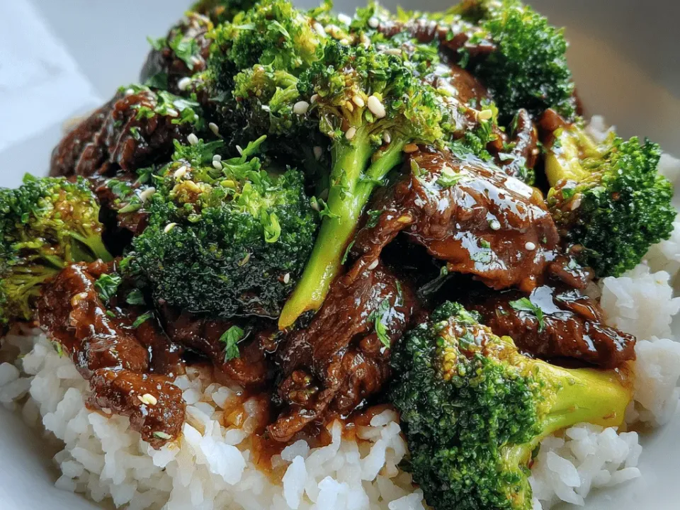 Sliced beef strips in a dark glossy soy glaze with bright green broccoli florets and sesame seeds, over white rice in a white bowl