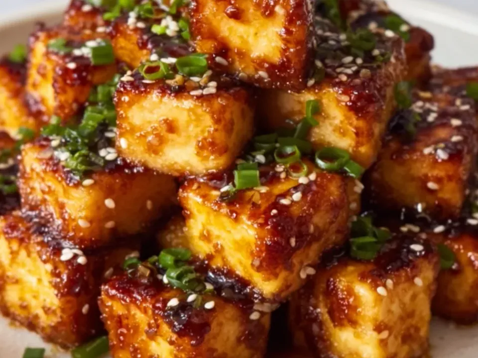 Cubes of golden fried tofu with dark caramelised edges in a glossy honey-garlic glaze in a cream bowl, scattered with sesame seeds and sliced spring onion
