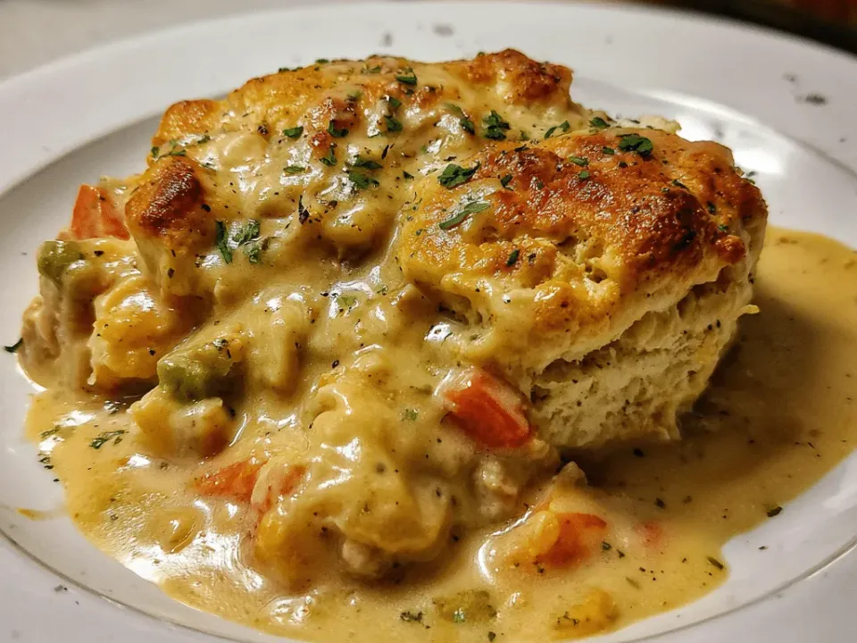 A golden baked biscuit sitting on a creamy chicken filling with diced carrot and green peas