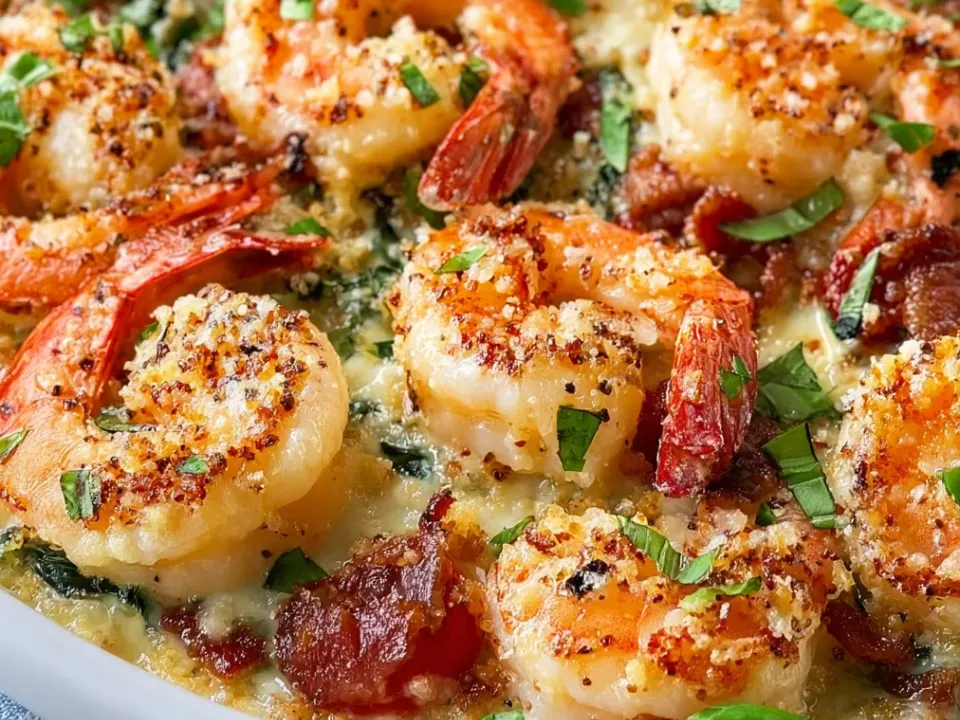 Large seared shrimp over a creamy base with crisp bacon pieces under a browned crumb and Parmesan topping, with fresh basil and halved cherry tomatoes, in a white dish