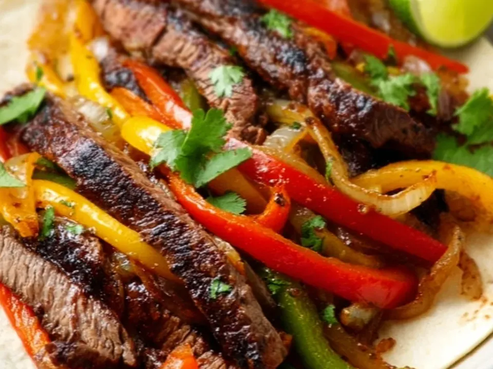 Sliced seared flank steak strips with char and pink centres, tossed with softened red, yellow and green pepper strips and golden onion, scattered with cilantro over a flour tortilla with a lime wedge