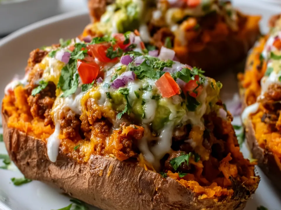 Split baked sweet potatoes filled with turkey taco meat, melted cheese, avocado and cilantro
