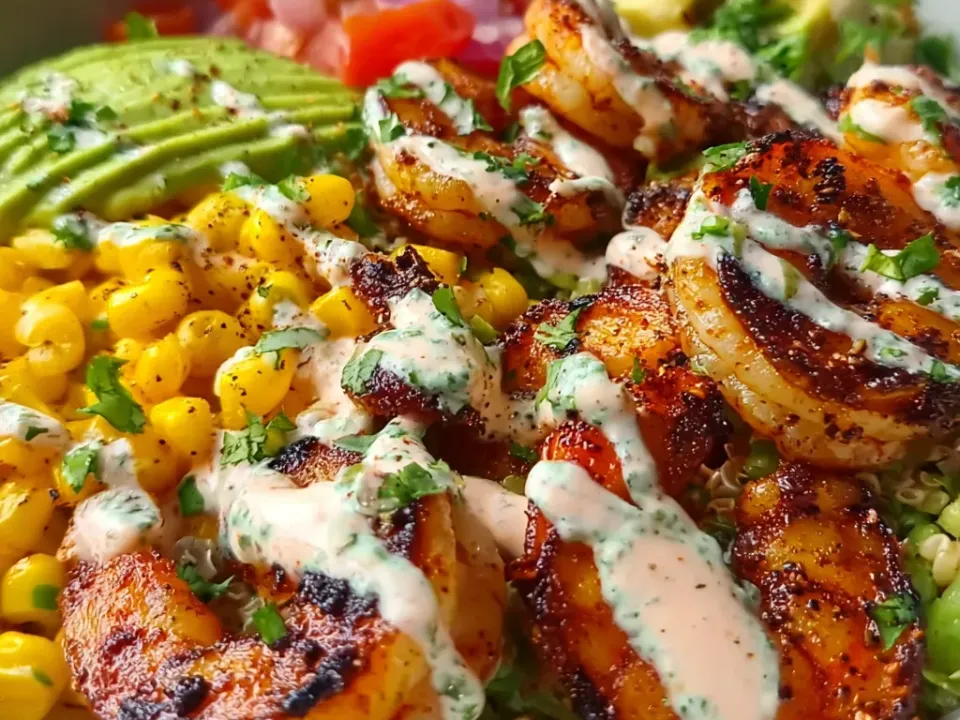 Large shrimp with charred blackened edges and a red-orange spice crust over pale quinoa sectioned with corn, diced tomato and red onion salsa, sliced avocado and shredded greens, drizzled with a pale creamy sauce and a green herb sauce