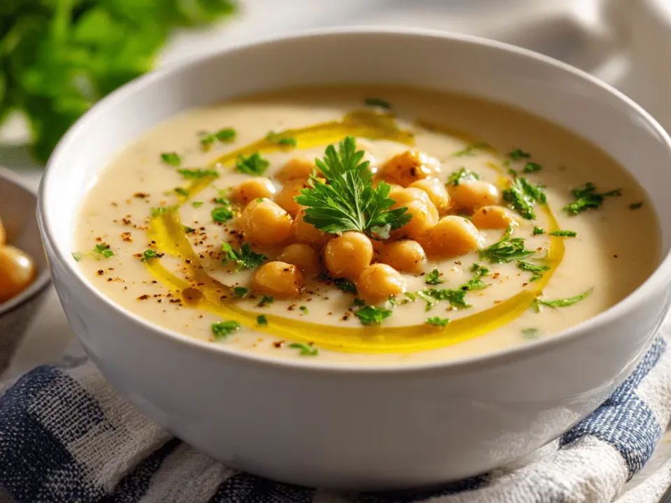 A white bowl of pale creamy chickpea soup with whole chickpeas, a swirl of olive oil and chopped parsley
