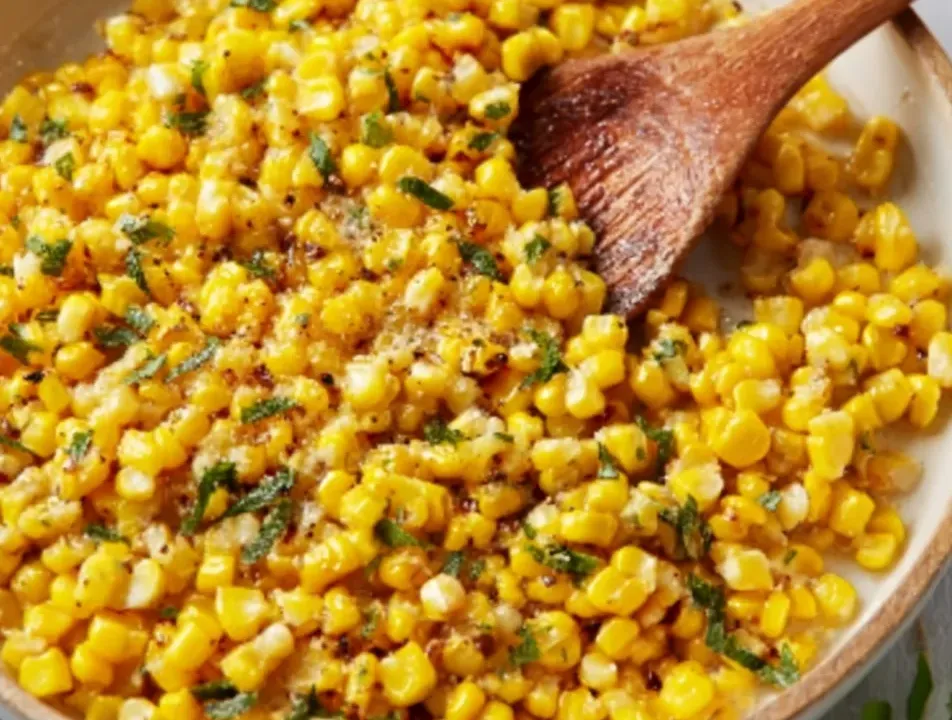 Glossy buttered yellow corn kernels flecked with chopped parsley, red pepper flakes and black pepper in a shallow dish with a wooden spoon