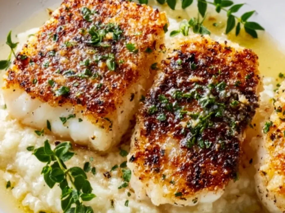 Thick white fish fillets under a heavily browned Parmesan crust flecked with green herb, on a bed of pale creamy mash with golden butter pooling around and thyme sprigs on top