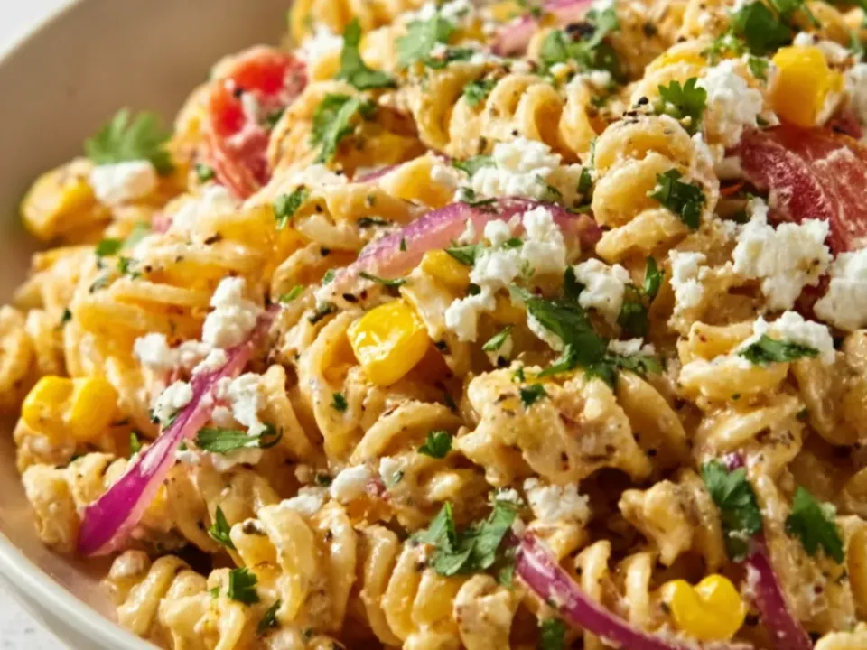 A bowl of rotini in a creamy spice-dusted dressing with sweet corn, crumbled white cheese, red onion, diced tomato and fresh cilantro