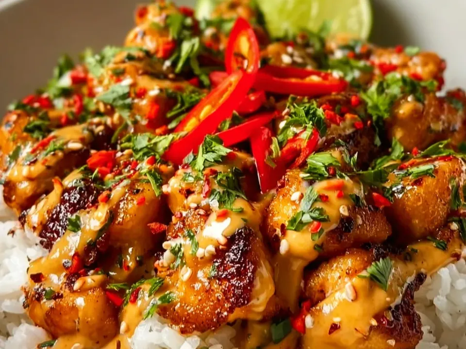 A bowl of white rice topped with golden seared chicken bites under a creamy orange sweet chili mayo drizzle, with sesame seeds, red chile strips, cilantro and a lime wedge