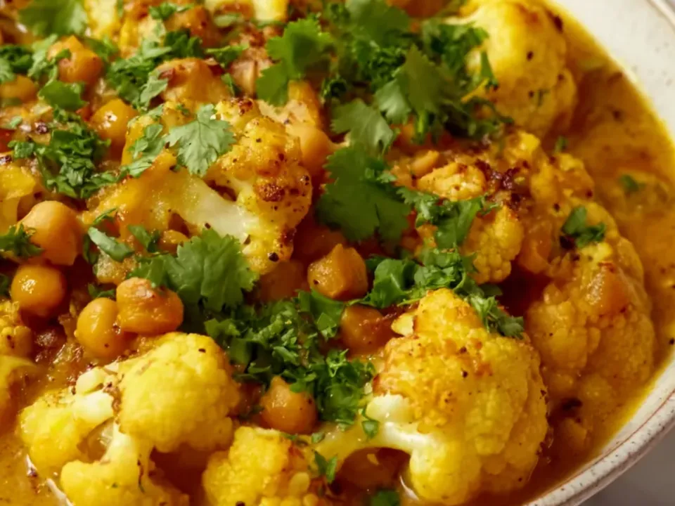 Roasted cauliflower florets with browned edges and whole chickpeas in a thin golden-yellow curry sauce in a speckled cream bowl, under chopped coriander