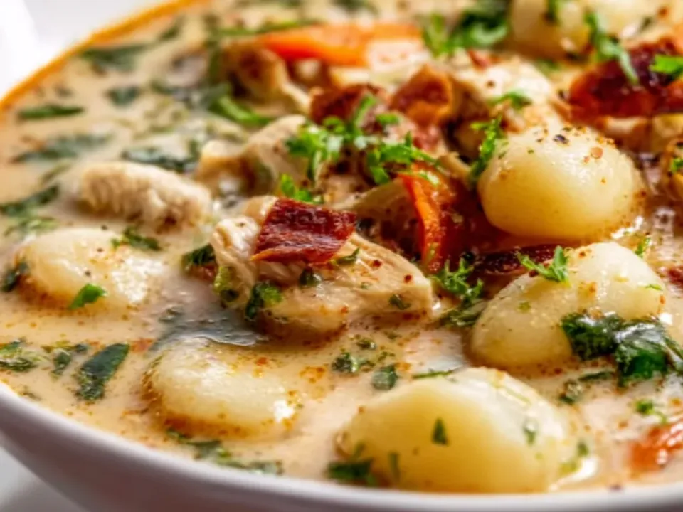 A creamy pale broth with potato gnocchi, chicken chunks, wilted spinach and carrot strips in a white bowl, topped with crisp pancetta, parsley and paprika