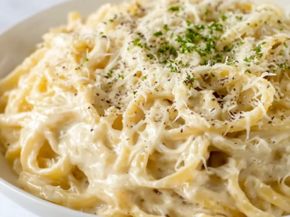 A white bowl of long flat pasta ribbons in a thick pale Alfredo sauce, topped with finely grated Parmesan, parsley flakes and cracked black pepper