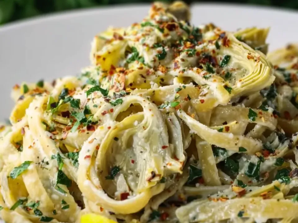 Fettuccine ribbons in a pale creamy sauce with quartered artichoke hearts, chilli flakes and parsley in a white bowl, with a lemon wedge