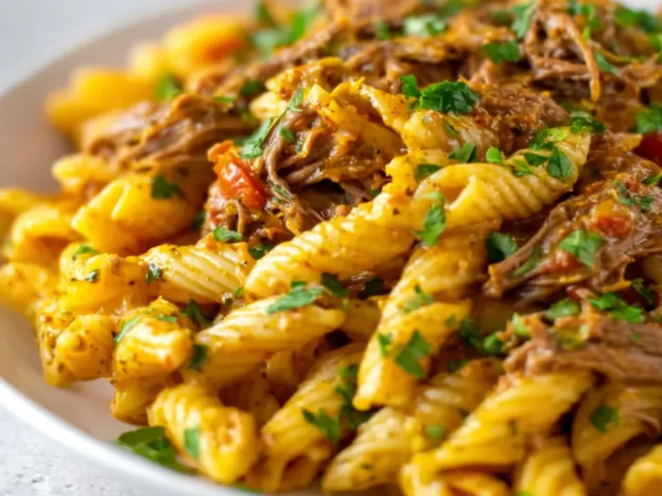 Ridged penne in a creamy yellow-orange sauce loaded with shredded beef, flecked with small pieces of roasted red pepper and heavy chopped parsley
