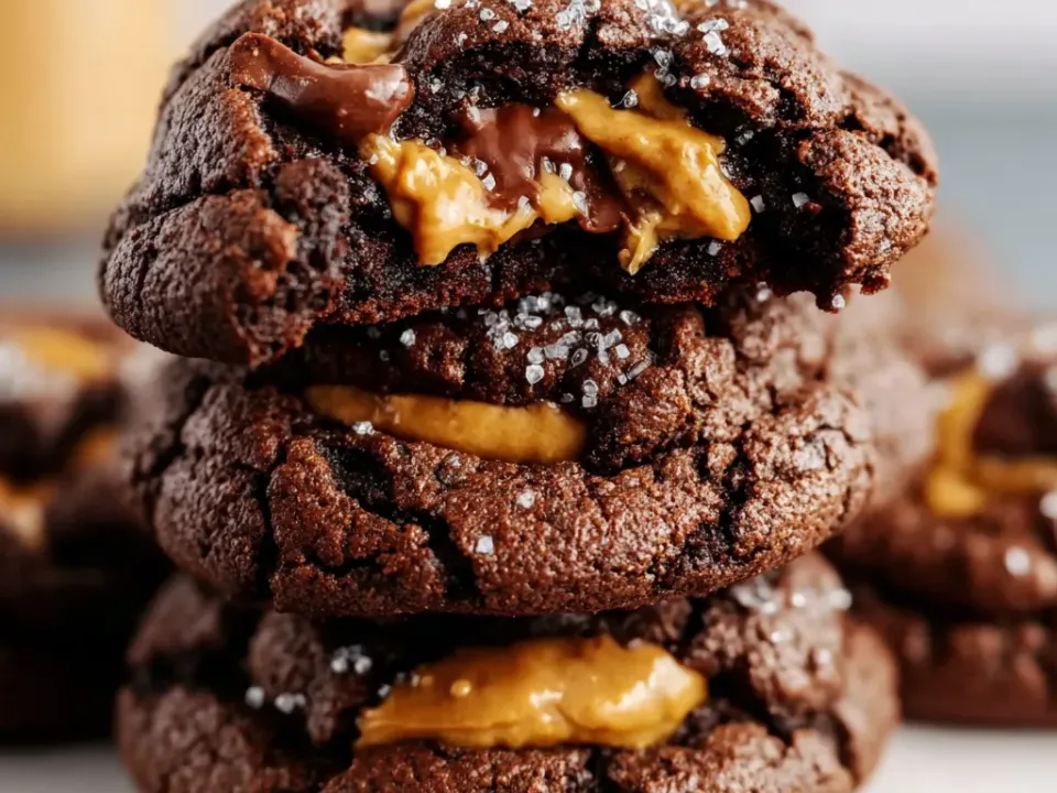 Thick craggy dark chocolate cookies stacked, the top one broken open to show a soft peanut butter filling and melted dark chocolate, with coarse flaked salt crystals on the tops