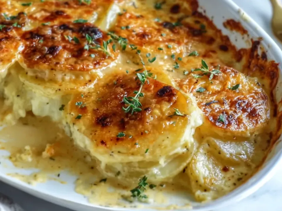 An oval white baking dish of overlapping thin potato rounds in a creamy pale cheese sauce, browned and blistered on top with fresh thyme, a serving scooped out
