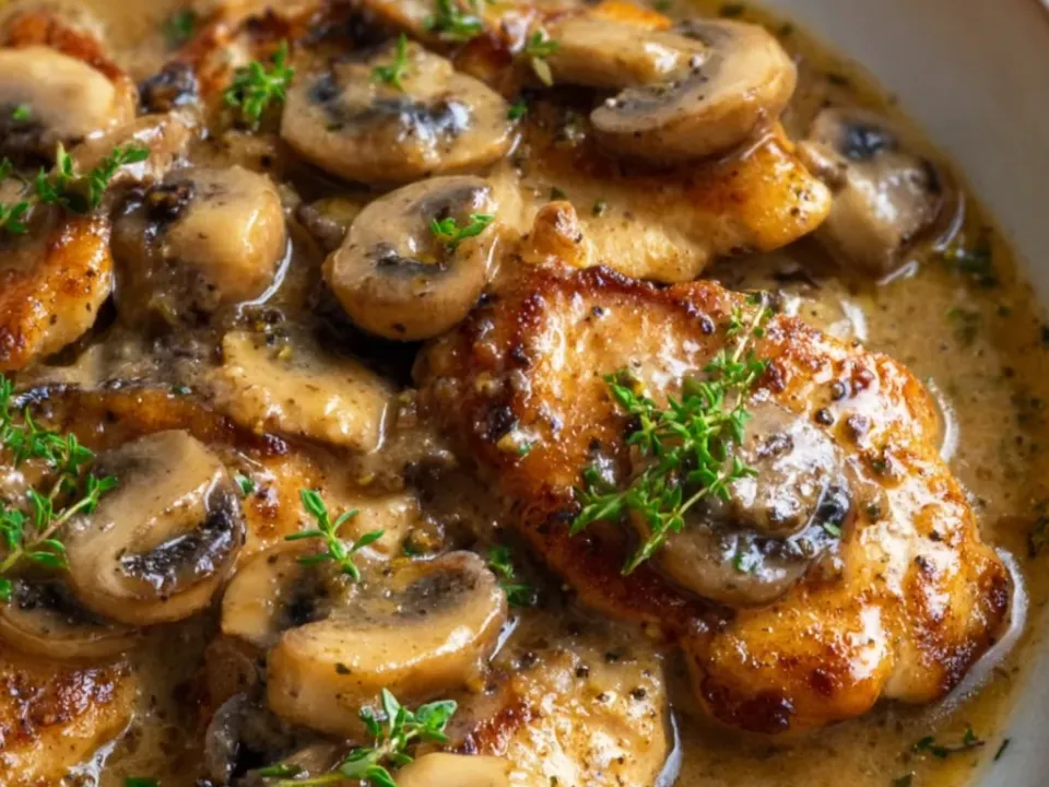 Golden browned chicken pieces with sliced brown mushrooms in a creamy tan pan sauce in a white bowl, with fresh thyme sprigs laid over the top