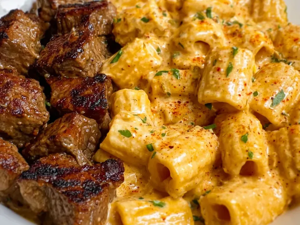 Dark seared Cajun steak cubes beside rigatoni in a thick orange cheese sauce dusted with paprika and parsley, in a white bowl