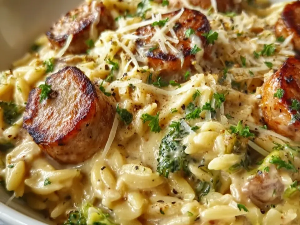 A white bowl of creamy Parmesan orzo with browned rounds of sliced chicken sausage, small broccoli florets, shaved Parmesan, parsley and cracked black pepper