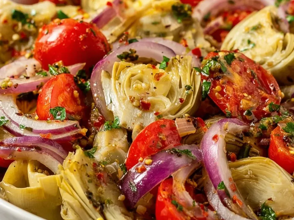 A marinated salad of quartered artichoke hearts, cut red tomatoes and thick red onion rings, glossy with an herby oil dressing flecked with parsley and red chilli flakes in a white bowl