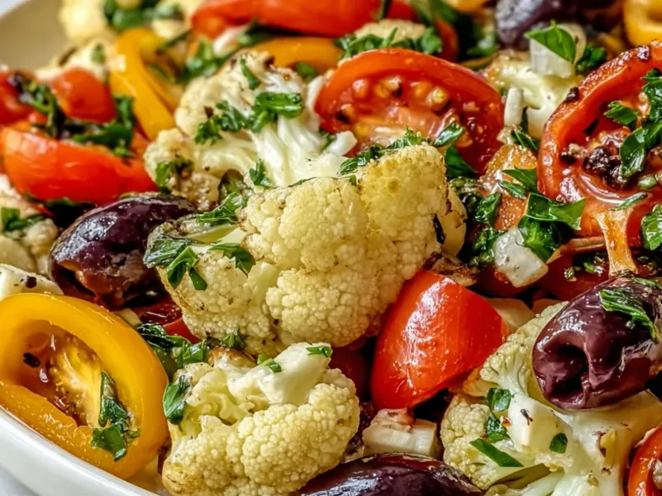 A marinated salad of lightly roasted cauliflower florets with halved cherry tomatoes, red and yellow mini pepper rings, whole Kalamata olives, diced white onion and chopped parsley on a white platter