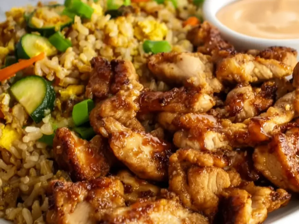 A white plate of seared, lightly glazed chicken pieces beside fried rice with scrambled egg, zucchini half-moons, carrot, peas and green onion, with a small bowl of pale orange sauce