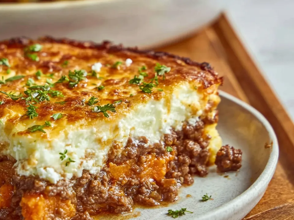 A square of casserole on a plate showing a browned cottage cheese and cheddar top over seasoned ground beef and orange sweet potato cubes