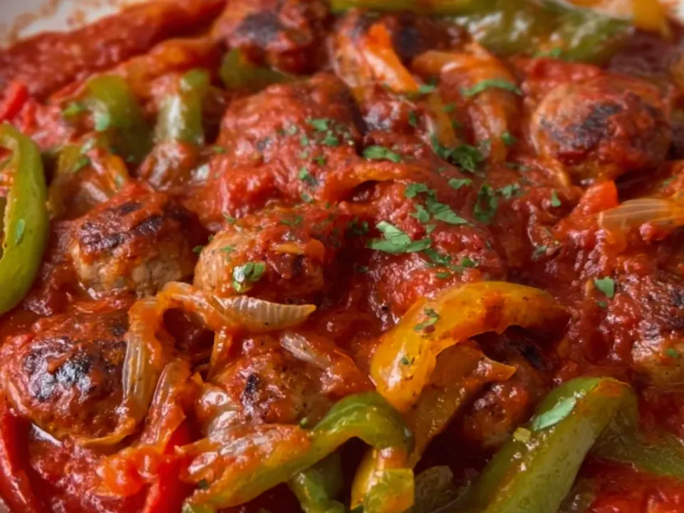 Browned Italian sausage rounds with green, red and yellow pepper strips and soft onion in a thick red tomato sauce in a pale skillet, scattered with parsley