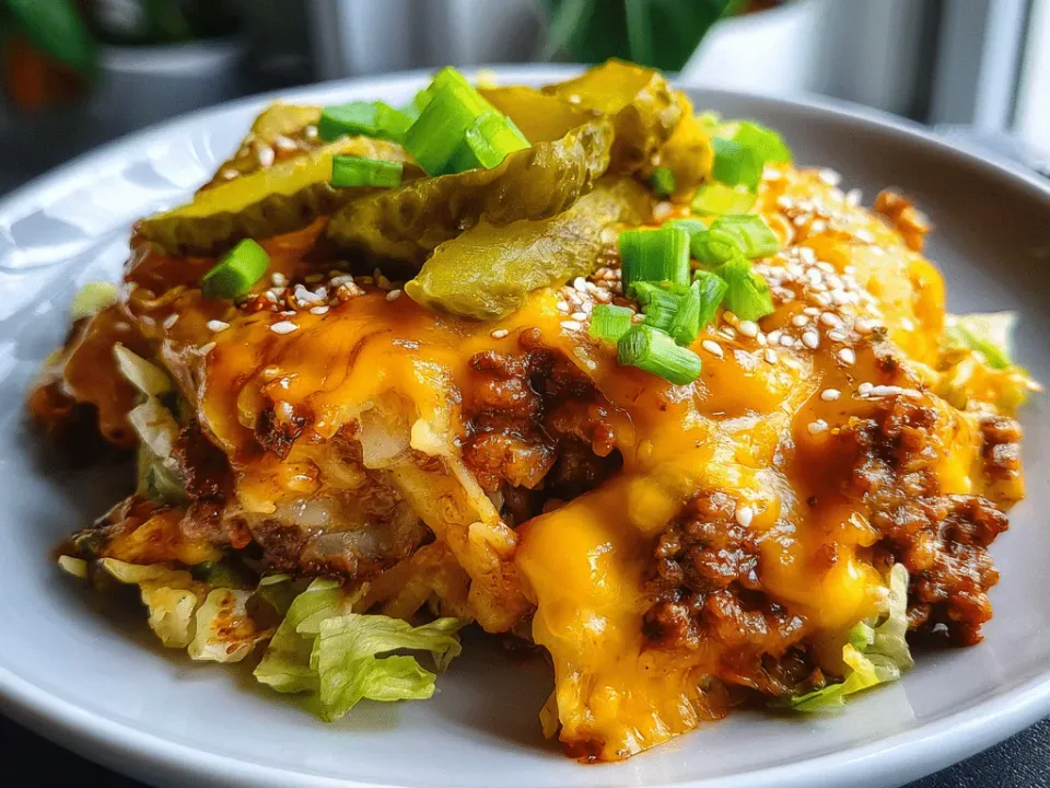 A plated square of hash brown and ground beef casserole under melted cheddar, topped with shredded lettuce, sliced dill pickles and spring onion