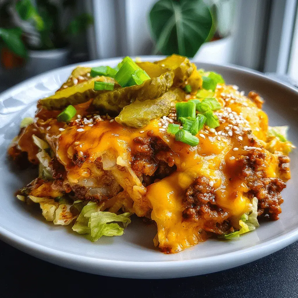 Crockpot Big Mac Casserole with cheese, lettuce, and pickles