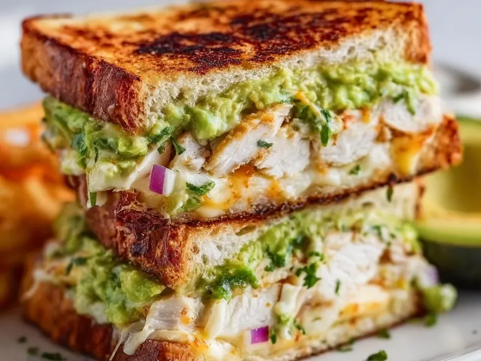 A stacked, halved griddled sandwich on thick toasted bread with chunky mashed avocado, shredded chicken, melted golden cheese, diced red onion and parsley, fries and an avocado half behind