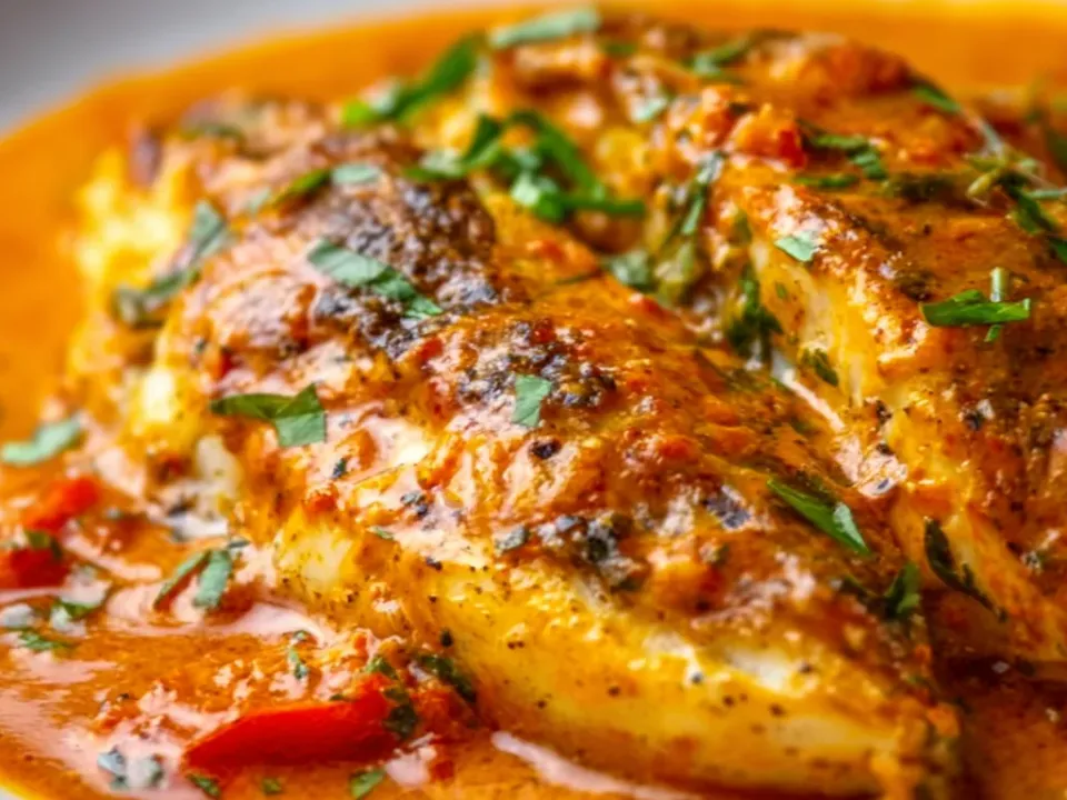 A whole white fish fillet with browned spice-darkened surfaces in a thick creamy orange-red sauce with visible roasted pepper pieces, scattered with chopped green herb