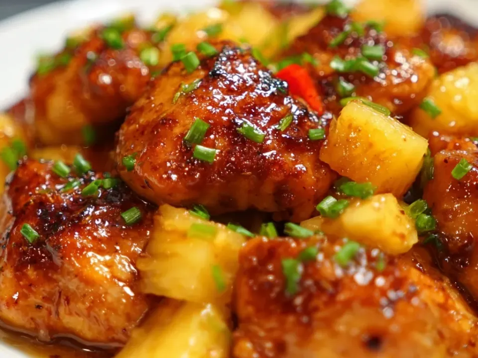 Glossy dark-brown glazed chicken pieces with charred edges and golden pineapple chunks in a white bowl, scattered with green onion and sliced red chilli