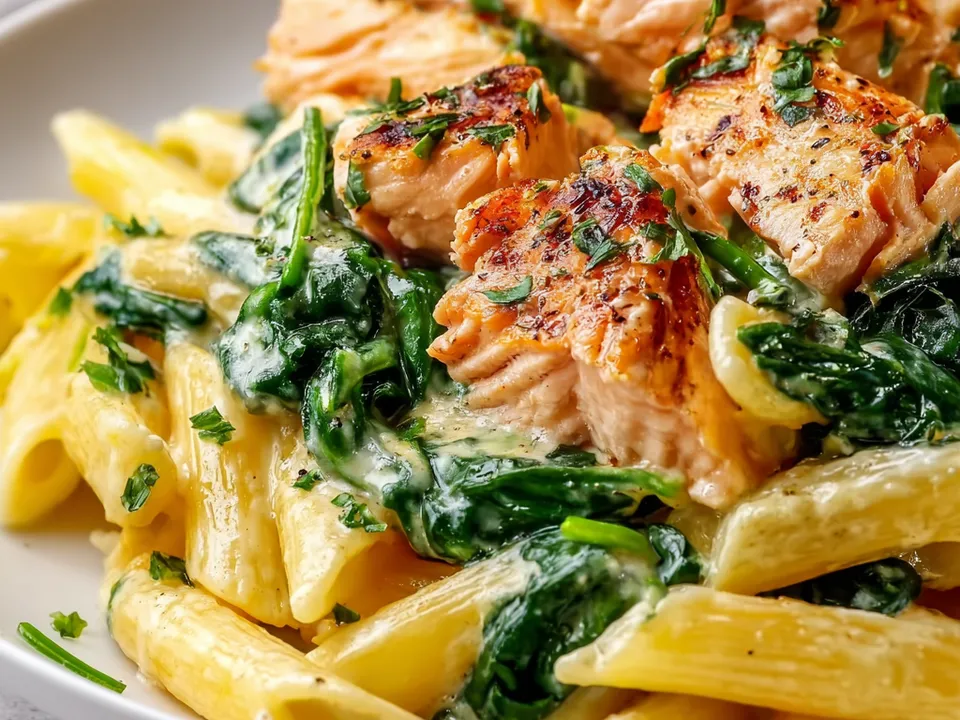 Penne with seared salmon chunks, wilted spinach and a white cream sauce on a white plate, finished with parsley