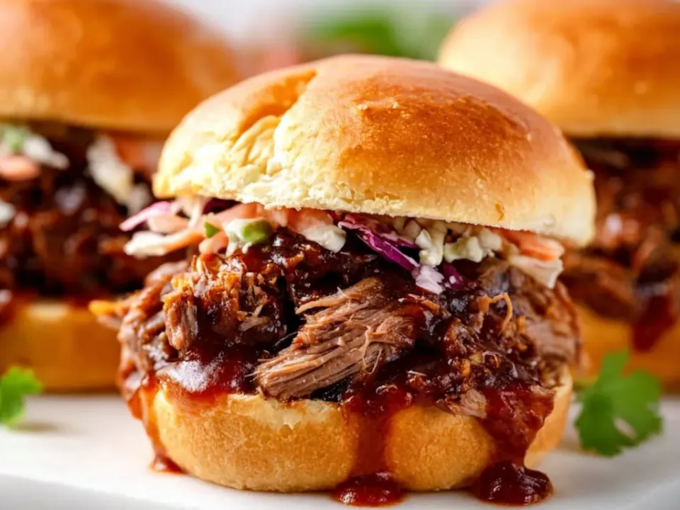 Soft golden buns filled with shredded pulled beef in thick dark red-brown barbecue sauce, topped with creamy green and purple cabbage coleslaw, on a white board