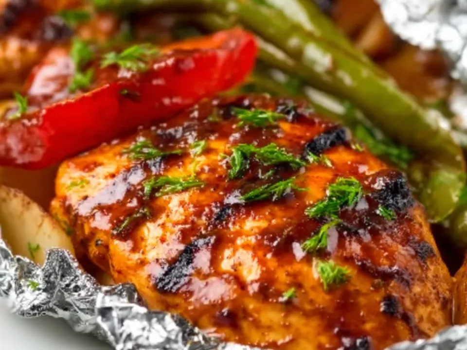 An opened foil packet on a plate holding a charred BBQ-glazed chicken breast with red pepper strips, green beans and potato, with fresh dill over the top