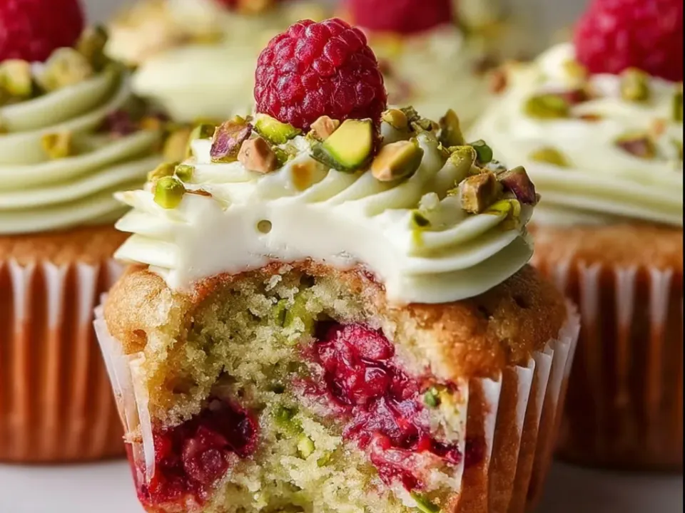 Cupcakes with a pale green crumb, one bitten open to show red raspberry filling, topped with pale green buttercream, chopped pistachios and a fresh raspberry