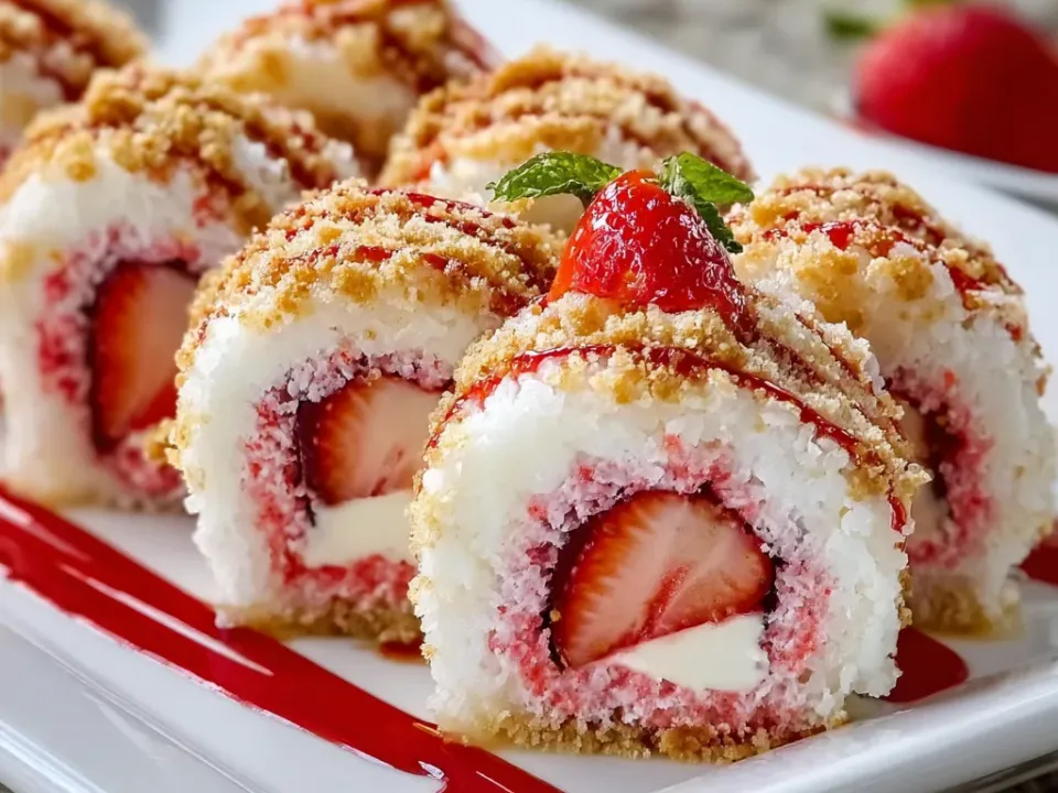 Cut spiral rounds arranged sushi-style, each wrapping a white cream centre and a slice of red strawberry, the outside coated in coarse golden crumb and drizzled with red strawberry sauce