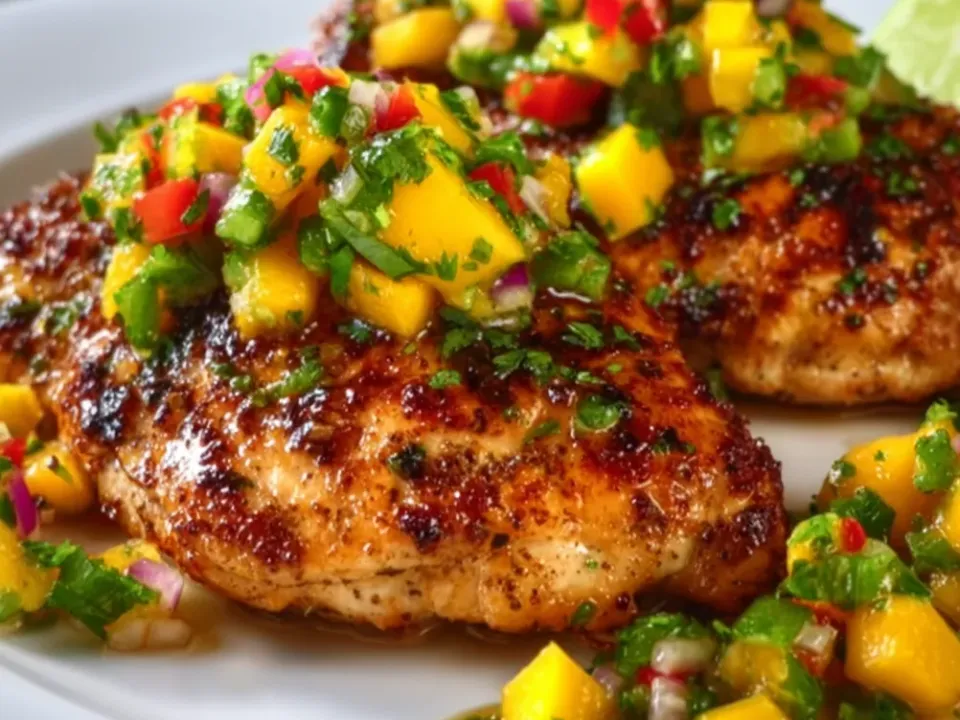 Charred grilled chicken breasts on a white plate topped with a bright raw mango salsa of diced mango, red pepper, red onion and cilantro, with lime at the edge