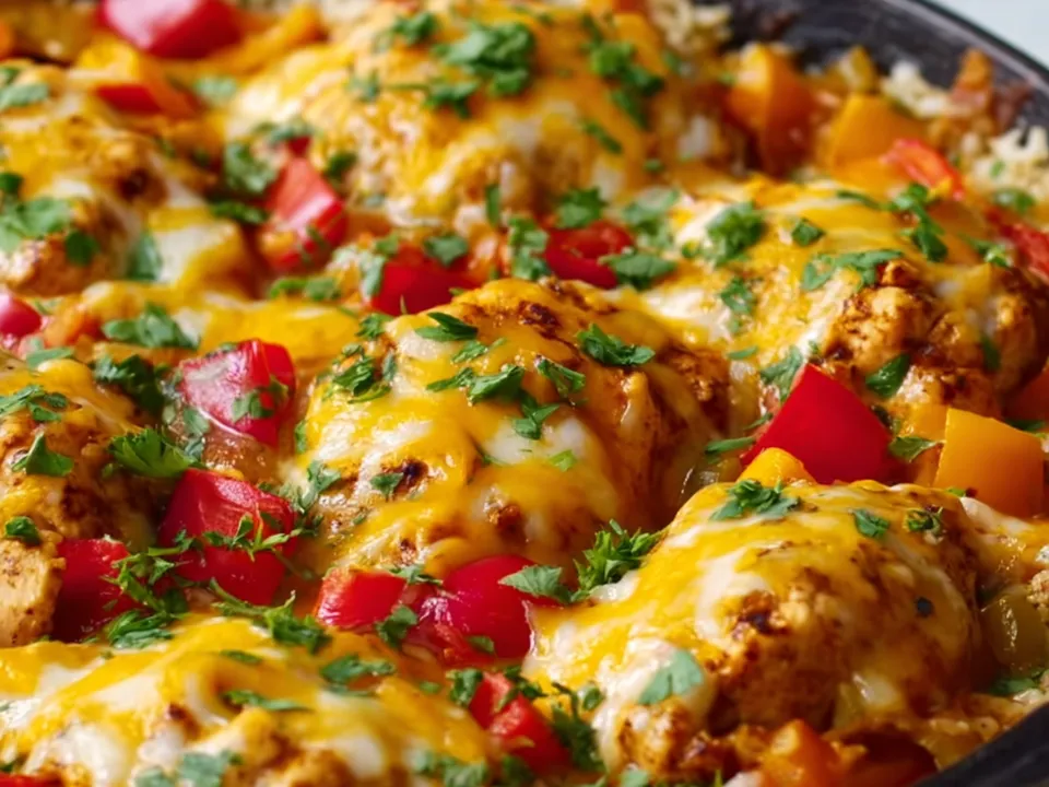 Chicken pieces with red and yellow bell pepper under melted Monterey Jack in a cast-iron skillet, scattered with coriander