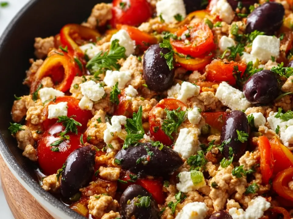 Crumbled ground chicken with halved cherry tomatoes, sliced mini peppers, whole black olives and crumbled feta with heavy parsley in a black skillet on a wooden board