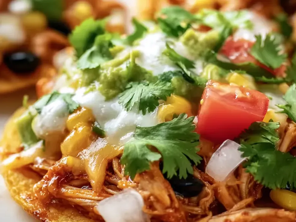 Crisp flat corn tostadas topped with red-sauced shredded chicken, black beans, corn, guacamole, white crema, diced tomato, white onion and cilantro