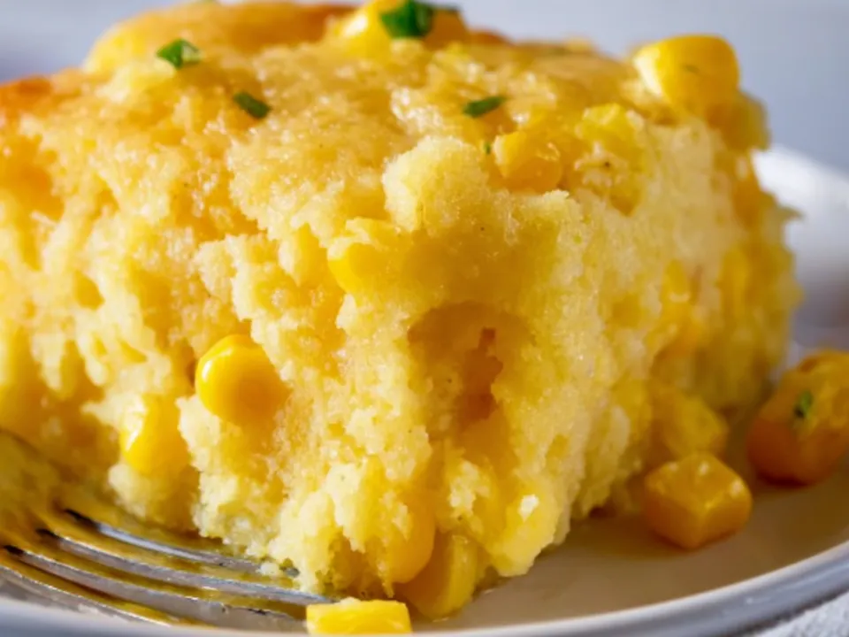 A thick golden square of spoonbread-style corn casserole studded with whole corn kernels and a browned top, sprinkled with chives