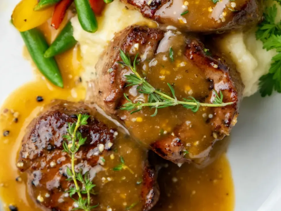 Individual beef medallions with dark seared crusts coated in a glossy amber-brown mustard sauce with visible seeds, topped with thyme sprigs over a mound of white mashed potato with green beans and red and yellow pepper strips