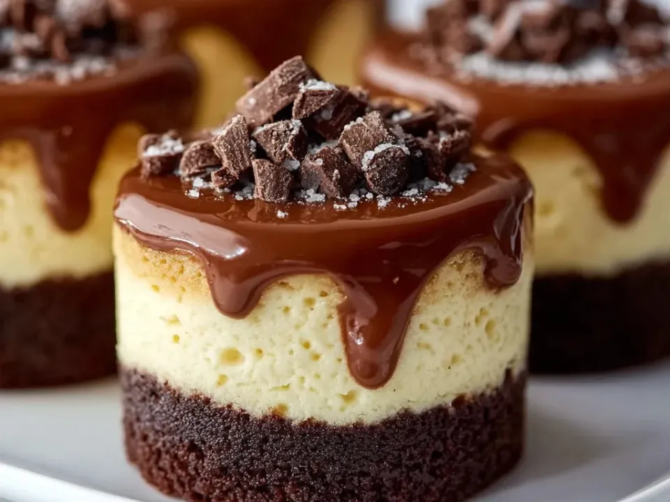 Small round layered desserts, each with a dark brownie base, a pale yellow cheesecake middle and a glossy chocolate ganache top scattered with chopped chocolate pieces