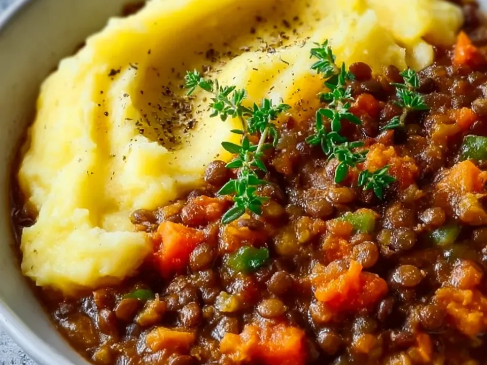 A bowl of thick lentil stew with diced carrot and green pepper beside a large swirl of smooth yellow mashed potato, dusted with black pepper and topped with fresh thyme