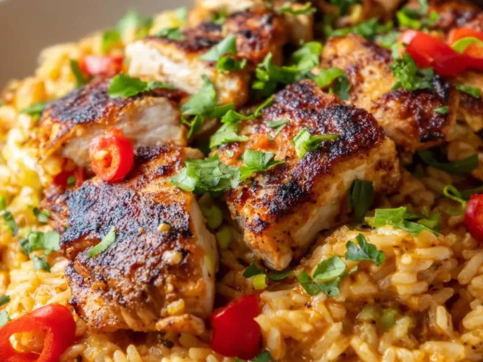 Blackened seared chicken pieces over orange-red Cajun rice in a white bowl, flecked with green pepper and spring onion and scattered with red chilli rounds and parsley